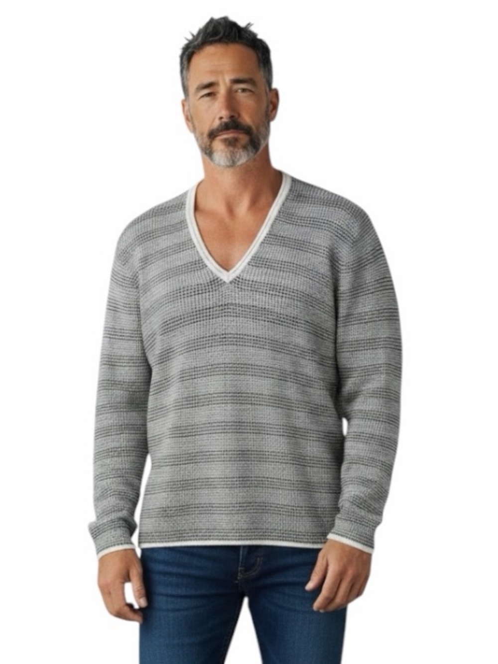 Armani Collezioni Men’s Deep V Sweater, Sz Medium Ivory/Brown, Silk/Cotton